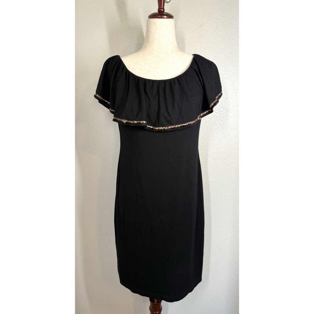SARA CAMPBELL Dress Black Ruffle Off Shoulder Knee Length Leopard Size S/M